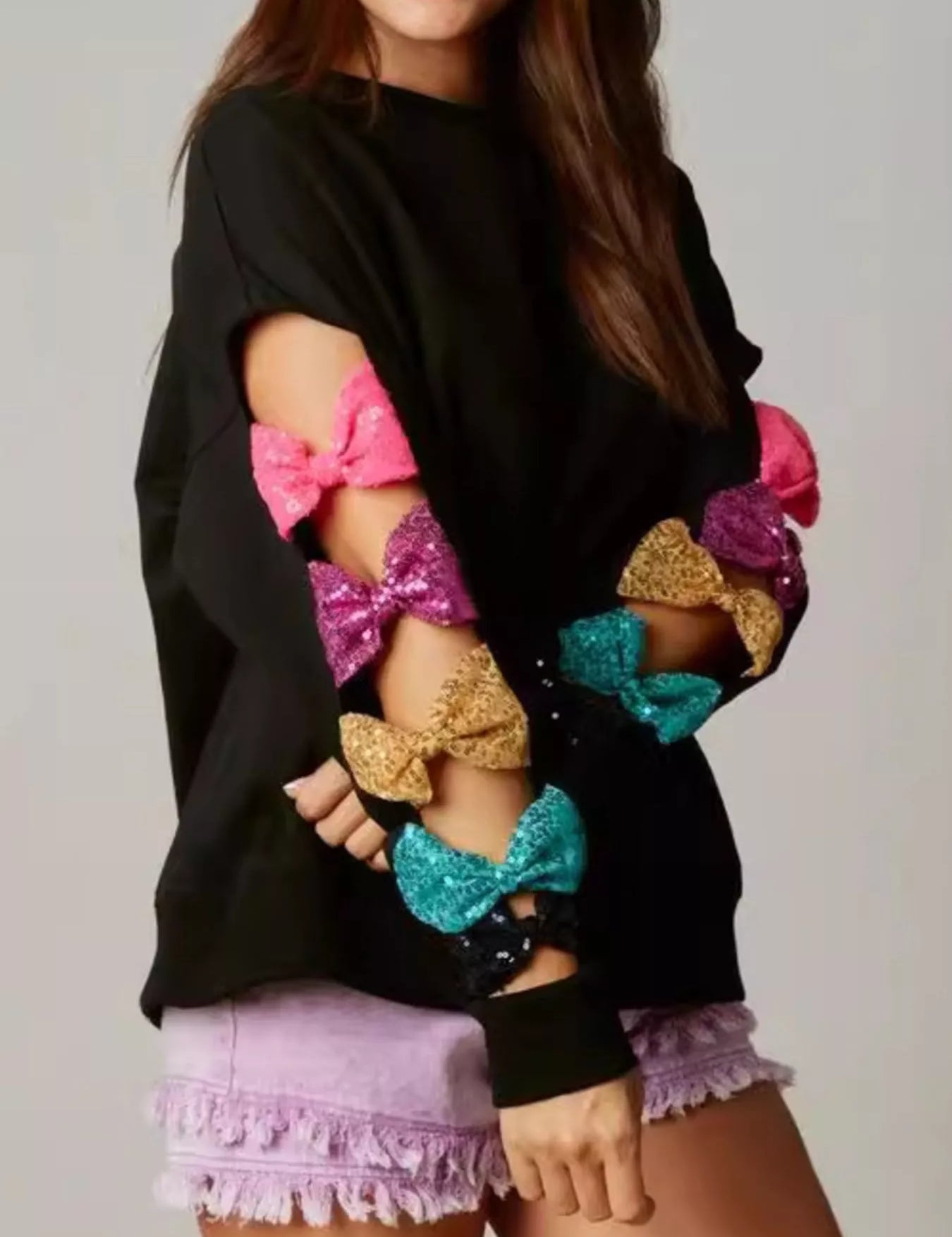 Black Sequin Bow Cutout Round Neck Sweatshirt | Sweatshirts Daverri Fashions