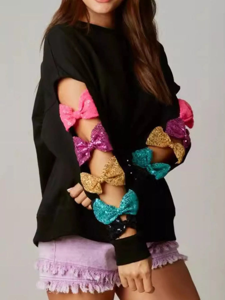 Black Sequin Bow Cutout Round Neck Sweatshirt | Sweatshirts Daverri Fashions