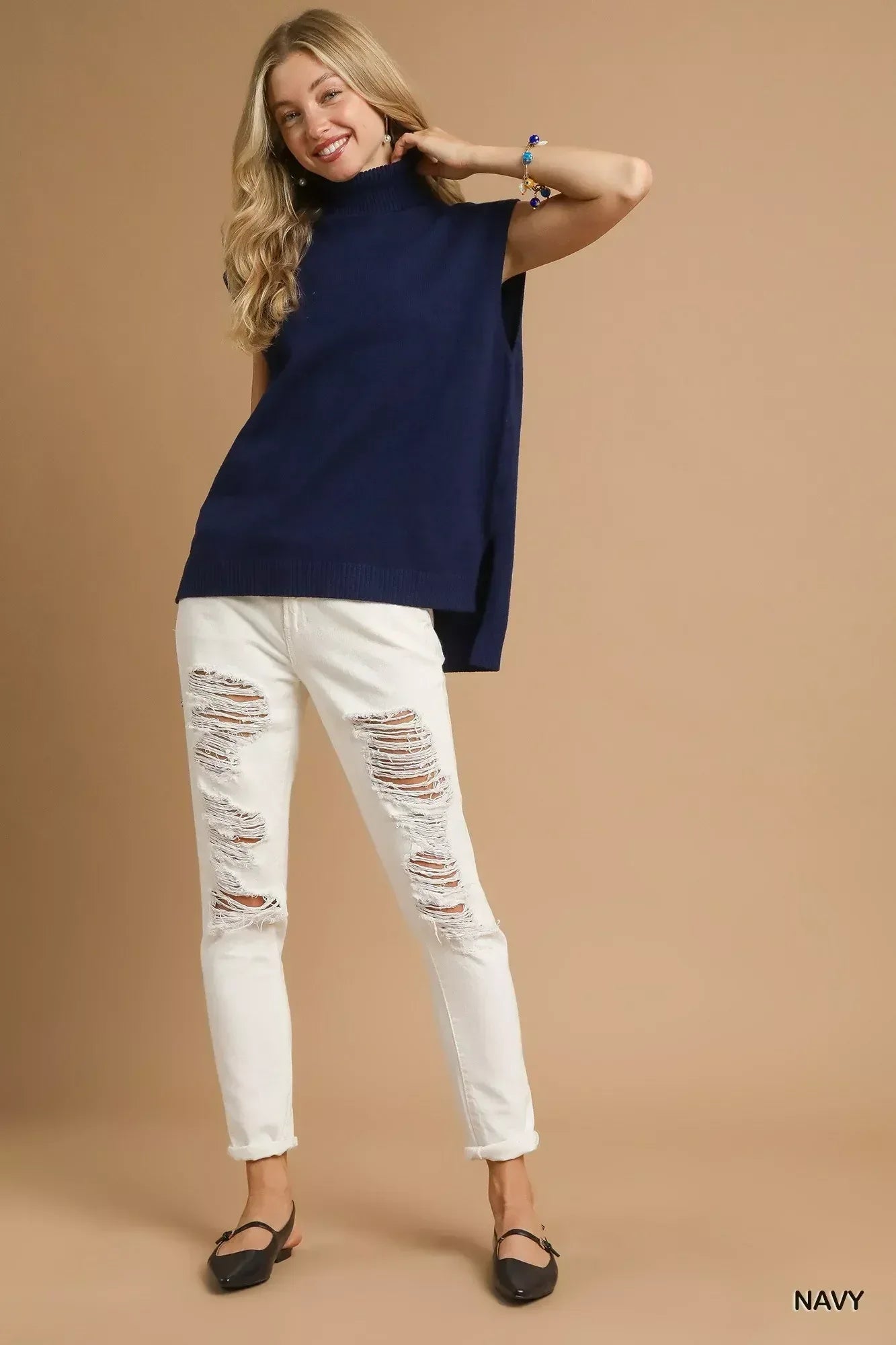 Umgee High-Low Turtleneck Sleeveless Sweater Top - DAVERRI FASHIONS