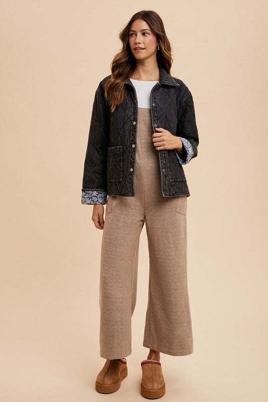 Annie Wear Quilted Printed Lining Snap Down Denim Jacket Tops