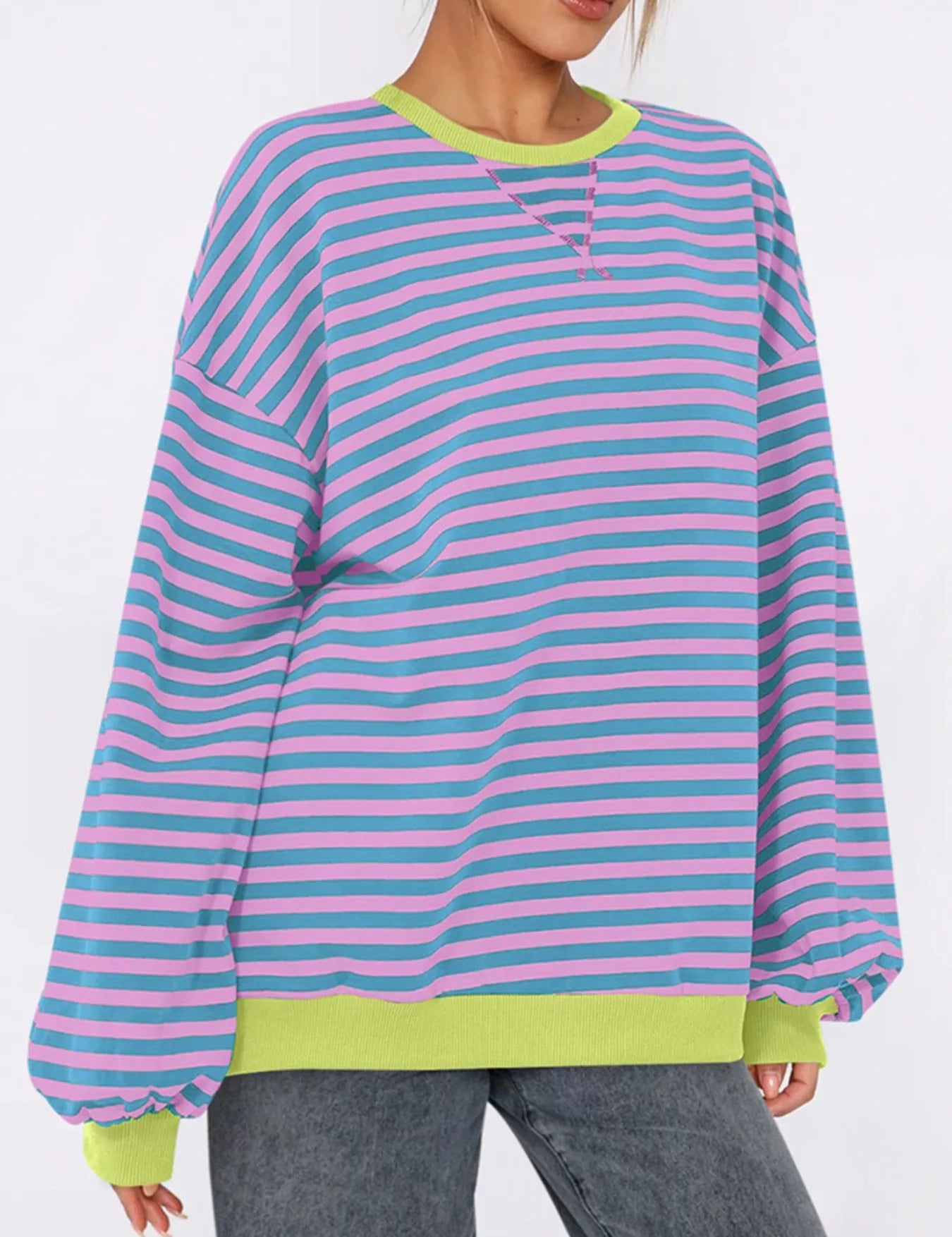 Striped Round Neck Long Sleeve Sweatshirt | Sweatshirts Daverri Fashions