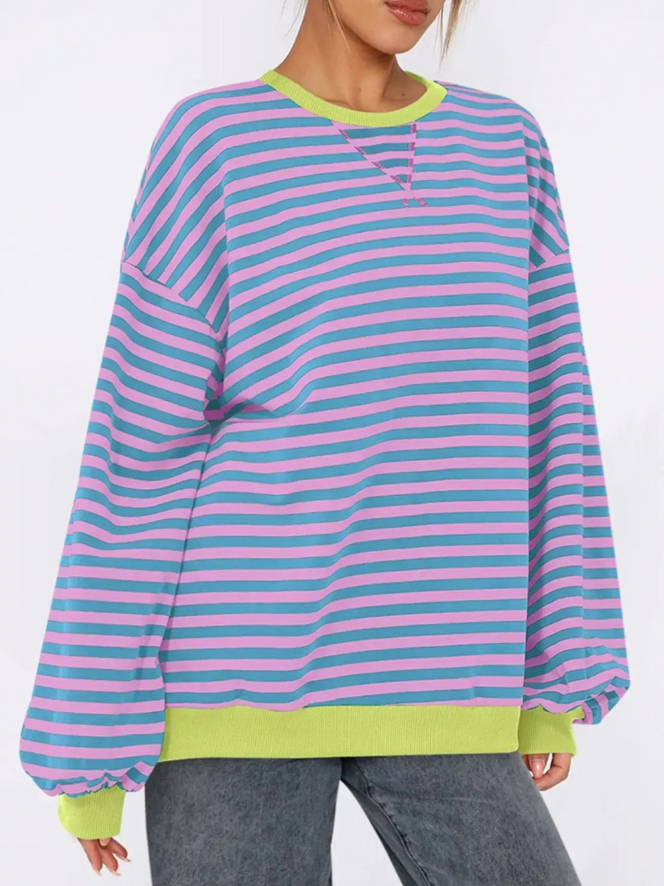 Striped Round Neck Long Sleeve Sweatshirt - DAVERRI FASHIONS