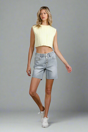 Button Down Raw Hem Denim Shorts | Denim Shorts Daverri Fashions