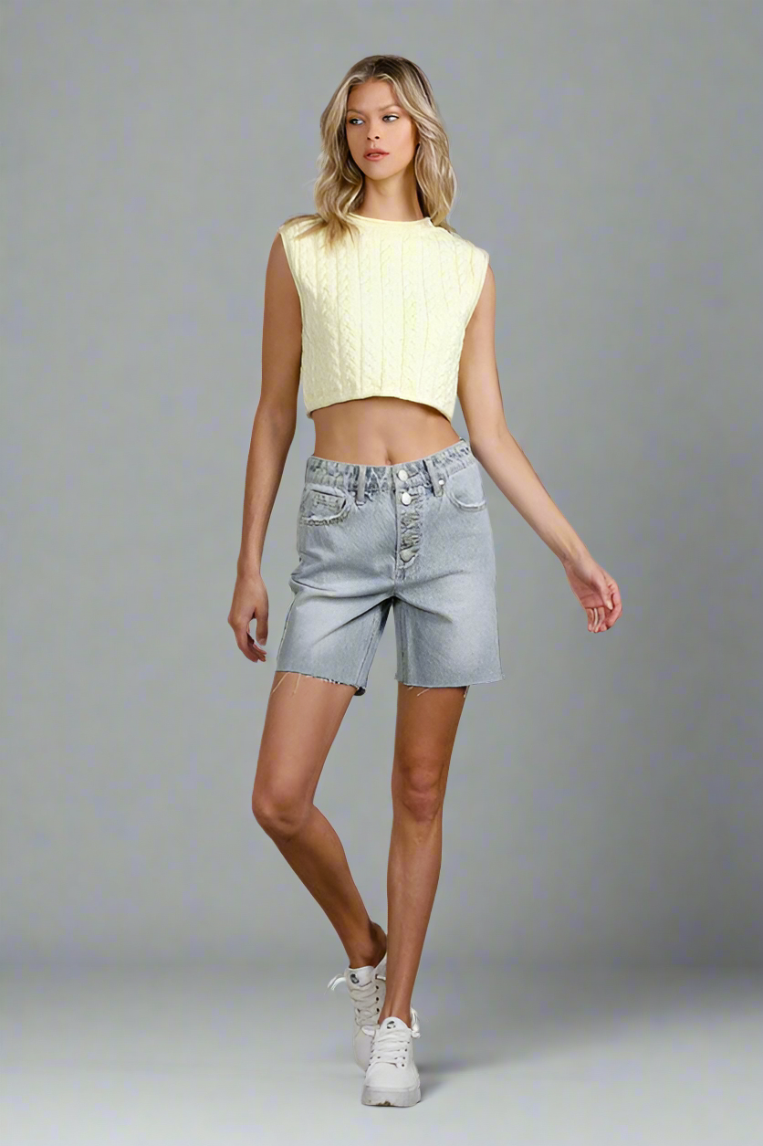 Button Down Raw Hem Denim Shorts Denim Shorts