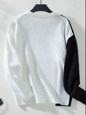 Two Tone Cable Knit Round Neck Long Sleeve Sweater | Sweaters Daverri Fashions