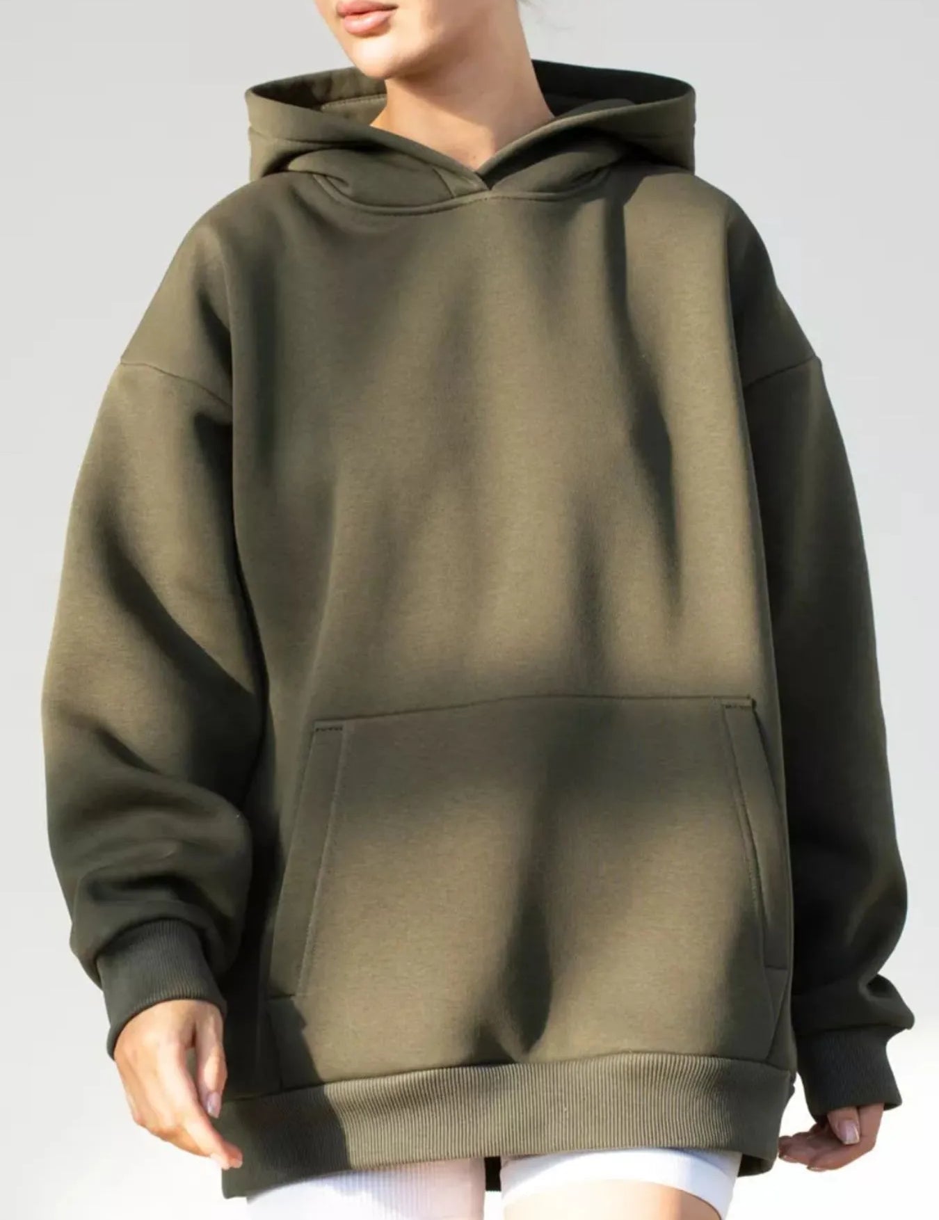 Army Green Kangaroo Pocket Long Sleeve Hoodie | Hoodies Daverri Fashions