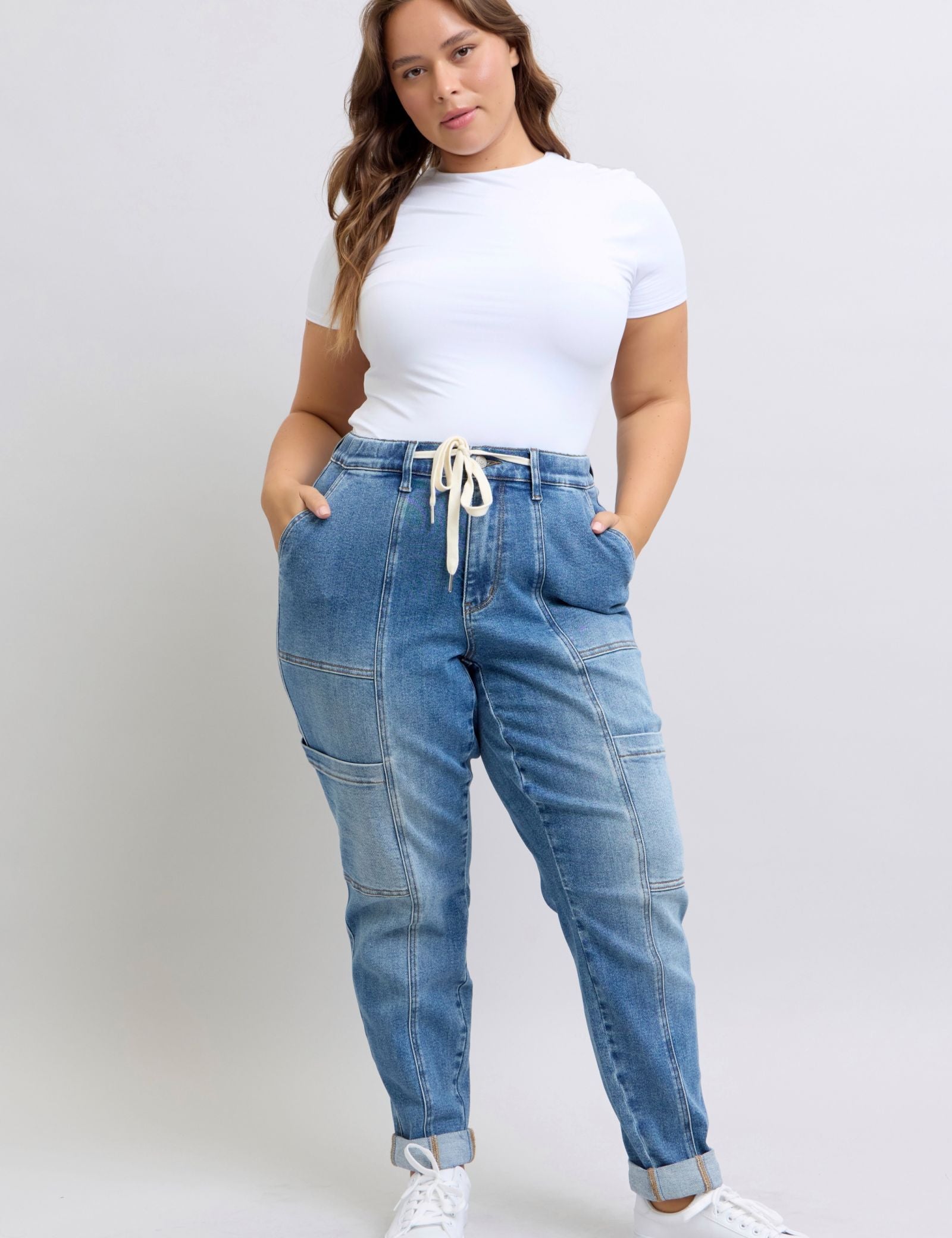 Judy Blue High Rise Cuffed Cargo Denim Jogger Cargo Jeans