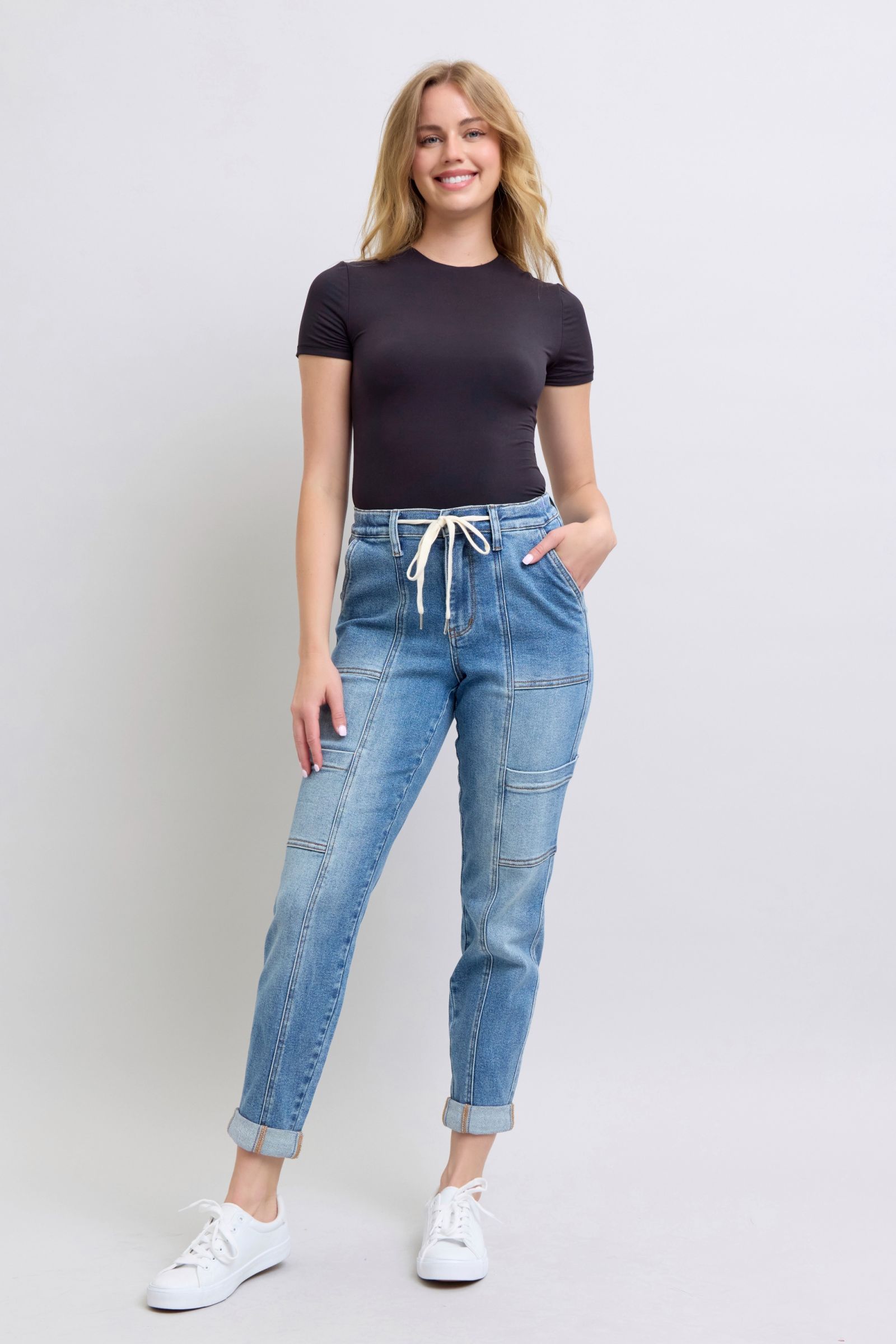 Judy Blue High Rise Cuffed Cargo Denim Jogger Cargo Jeans