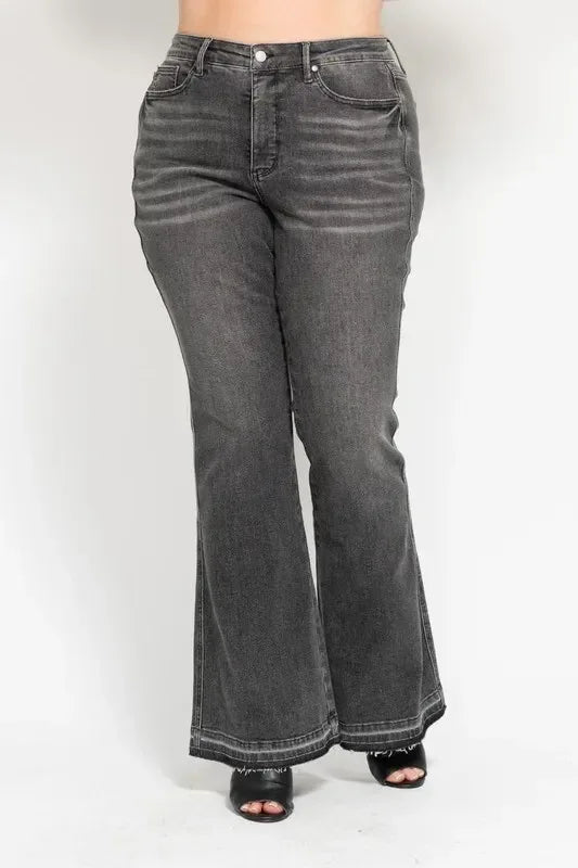 Judy Blue Full Size Mid Rise Tummy Control Washed Gray Release Hem Flare Jeans Plus Size - DAVERRI FASHIONS