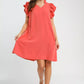 Umgee linen flutter sleeve shift dress with pockets, coral V-neck ruffles
