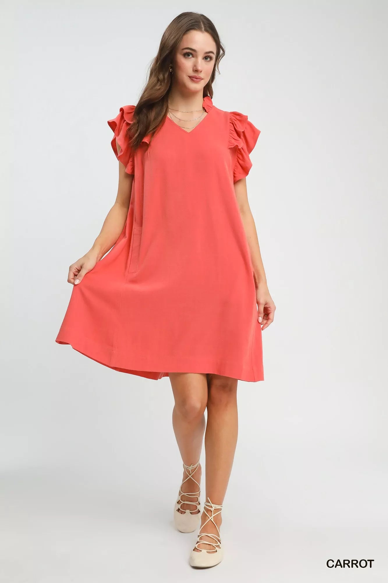 Umgee linen flutter sleeve shift dress with pockets, coral V-neck ruffles
