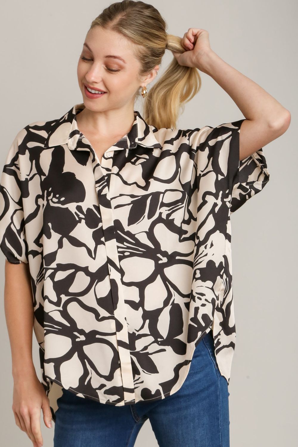 Umgee Full Size Two Tone Print Button Down Top with hidden Plackets Tops