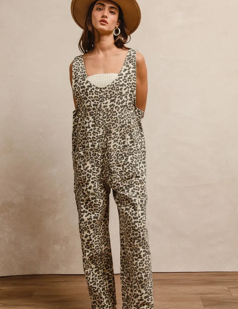 BiBi Leopard Print Adjustable Strap U Neck Jumpsuit | Daverri Fashions