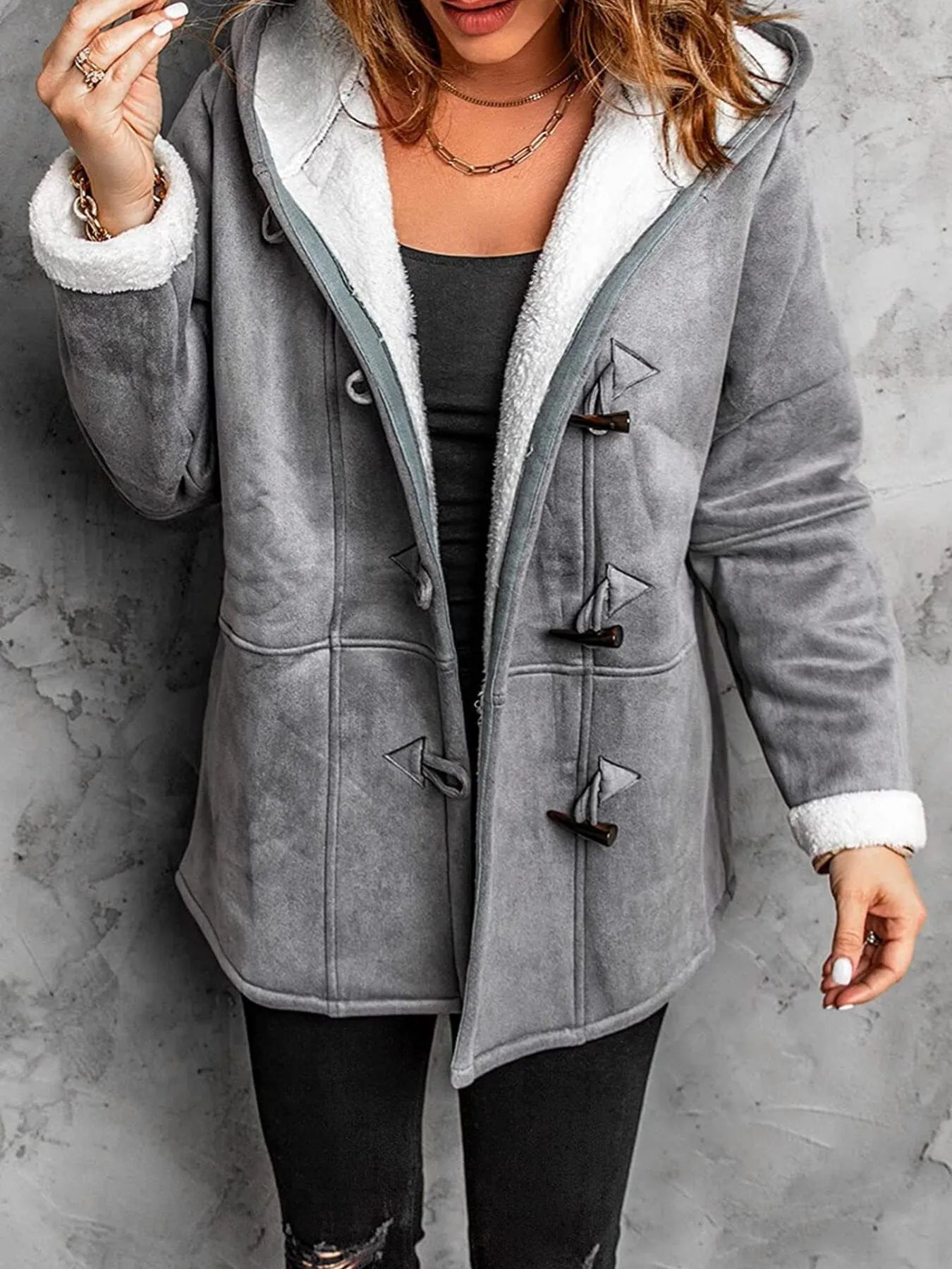 Grey Full Size Cozy Sherpa Lined Toggle Coat with Hood Plus Size | Coats Daverri Fashions
