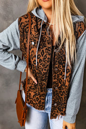 Leopard Distressed Drawstring Hooded Denim Jacket | Denim Jackets Daverri Fashions