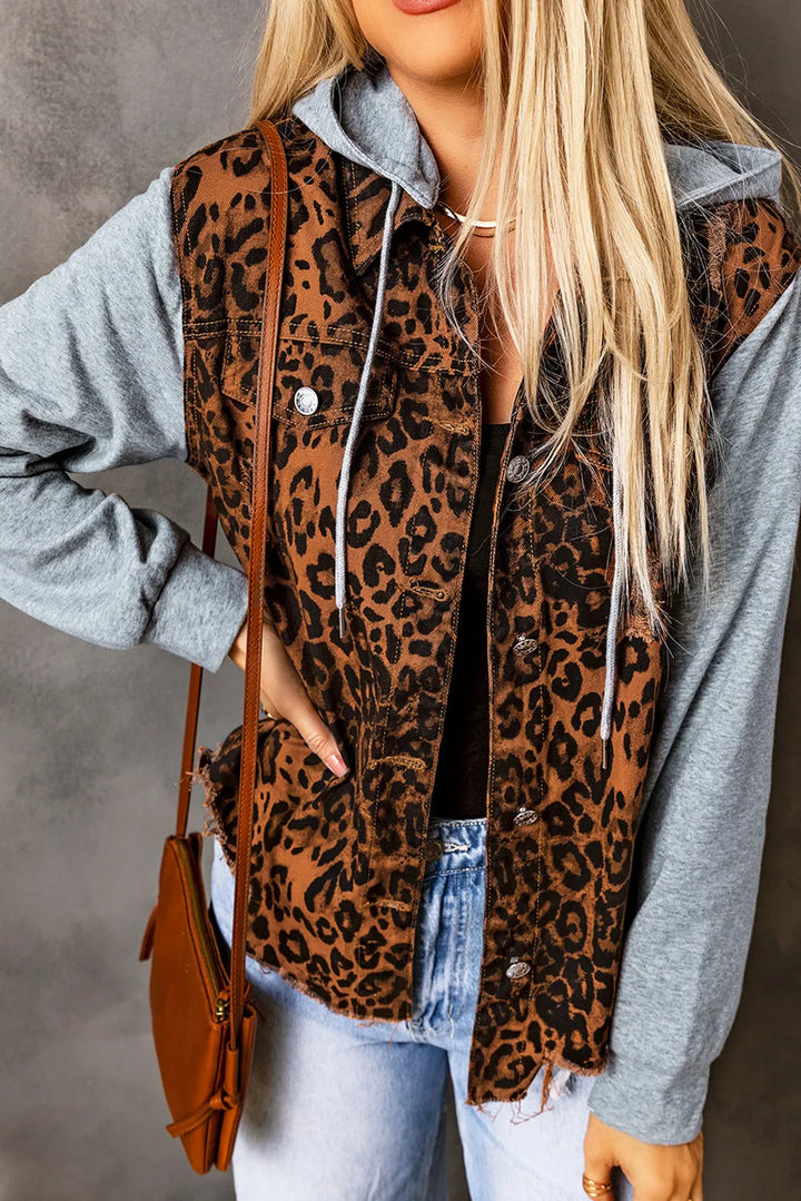 Leopard Distressed Drawstring Hooded Denim Jacket | Denim Jackets Daverri Fashions