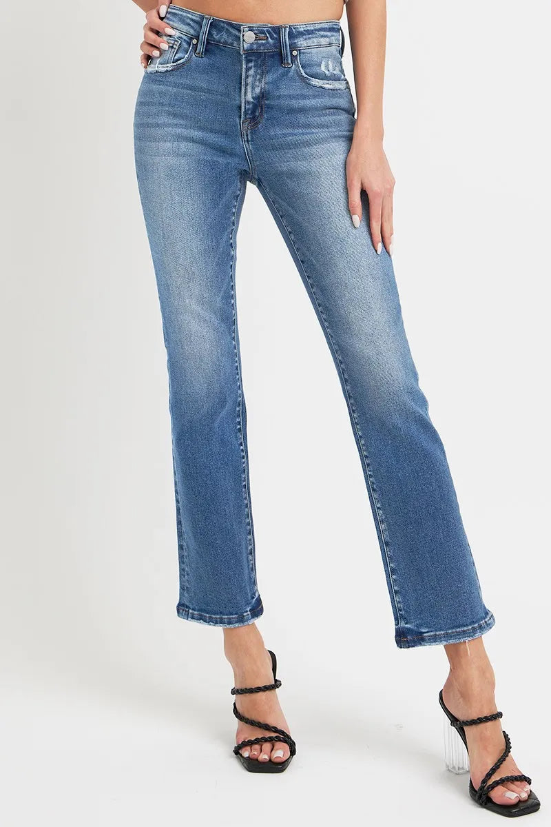 RISEN Full Size Mid Rise Ankle Straight Jeans with Pockets Dark