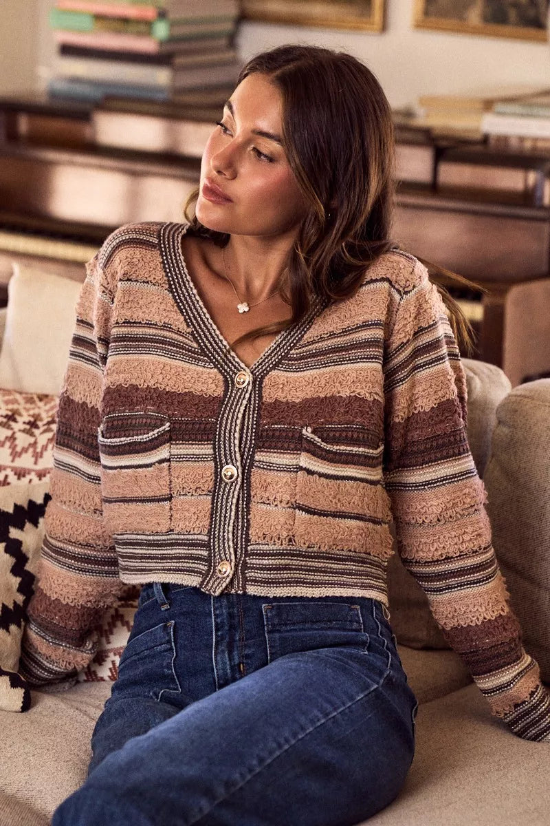 SO ME textured variegated multi color striped cardigan in earthy tones