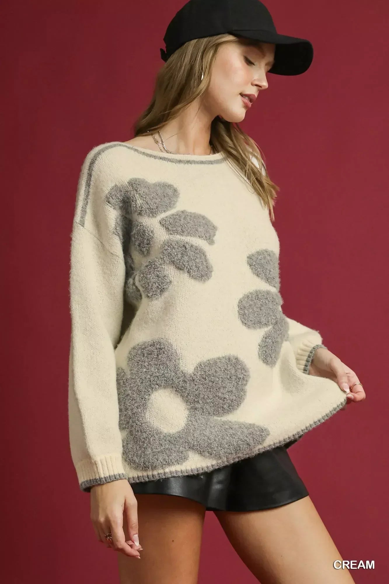 Umgee Floral Jacquard Knit Sweater Cream - DAVERRI FASHIONS