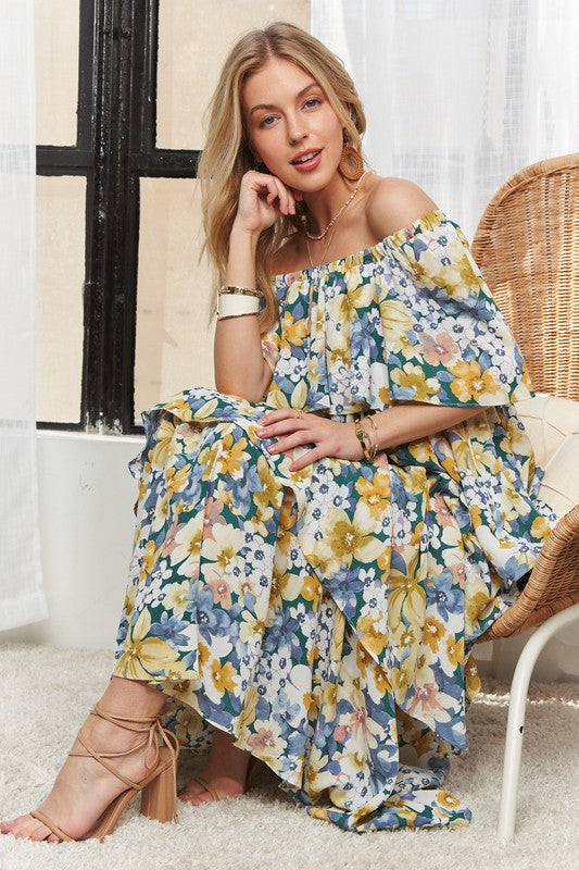 ADORA Layered Floral Off-Shoulder Short Sleeve Maxi Dress NAVY