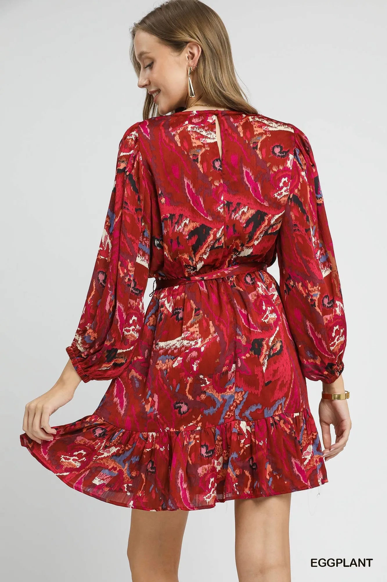 Umgee Ruffled Hem Printed Balloon Sleeve Dress Mini Dresses