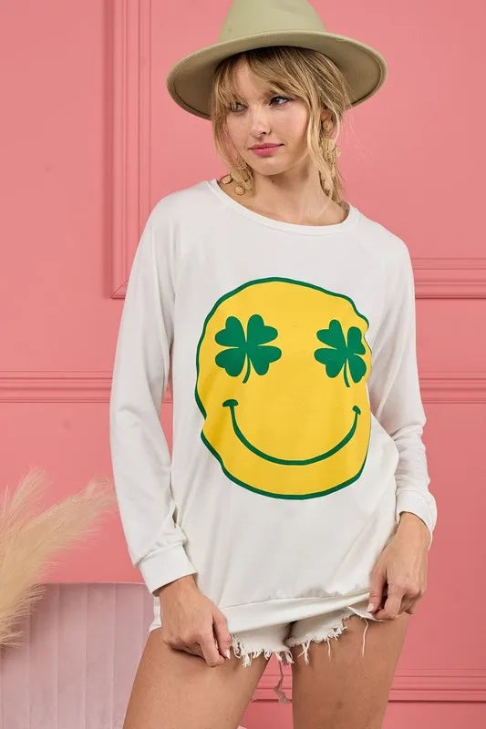 BiBi Smile Face Graphic Round Neck Long Sleeve Top | Tops Daverri Fashions
