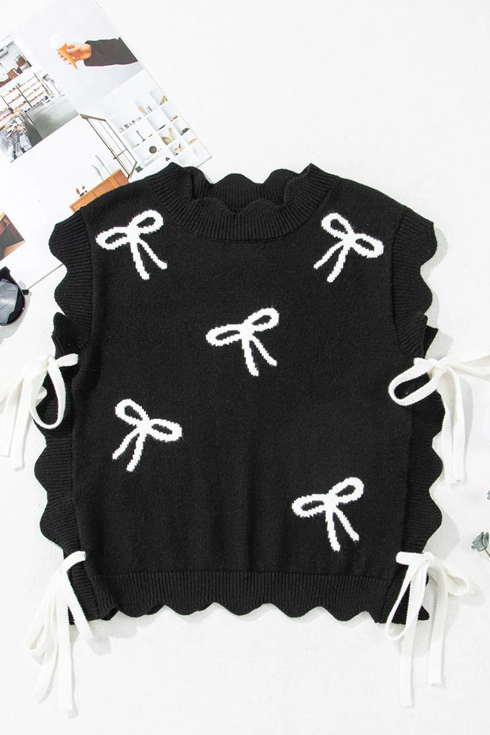 Bow Side Ties Scalloped Hem Cap Sleeve Sweater | Sweaters Daverri Fashions