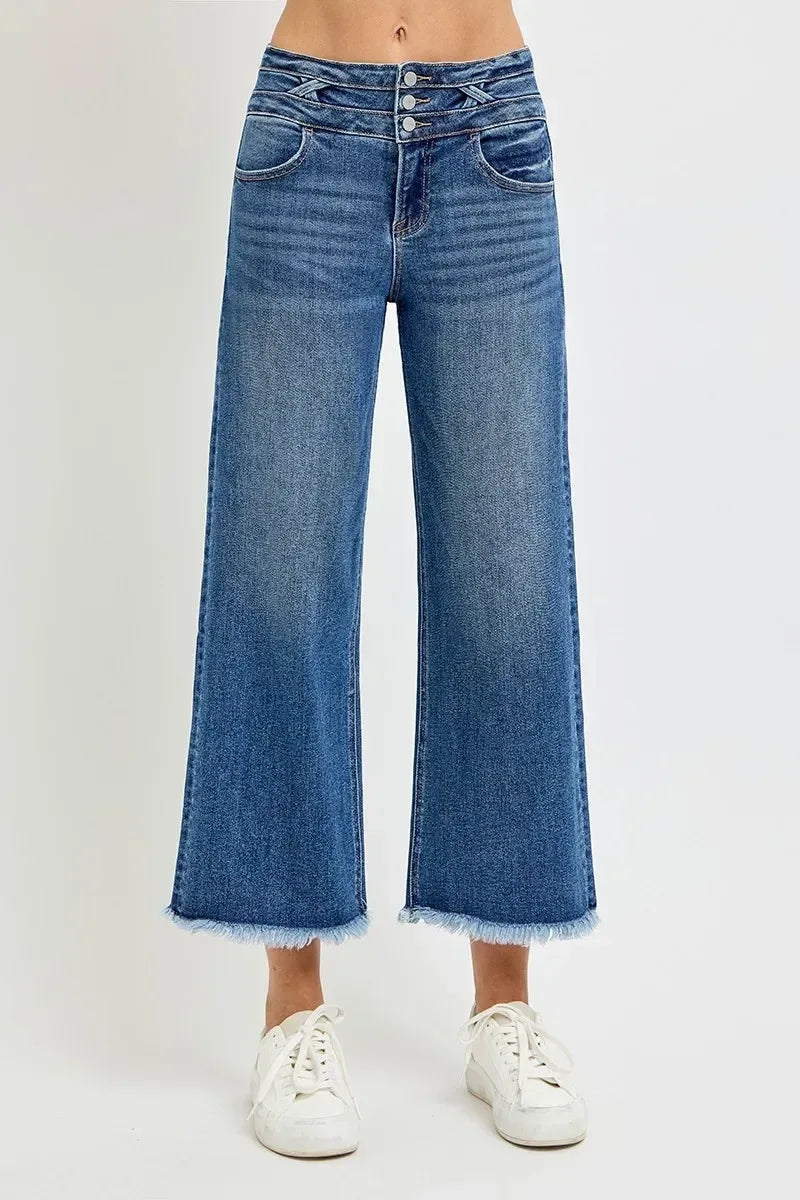 RISEN High Rise Crop Wide Leg Jeans with Wide Band Detail - DAVERRI FASHIONS