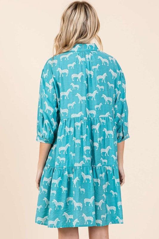 Mittoshop Seagreen Zebra Print Button Down Shirt Mini Dress - DAVERRI FASHIONS