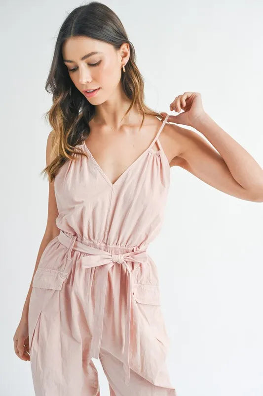 MABLE Washed Fabric Spaghetti Strap Waist Belted Jumpsuit Jumpsuits
