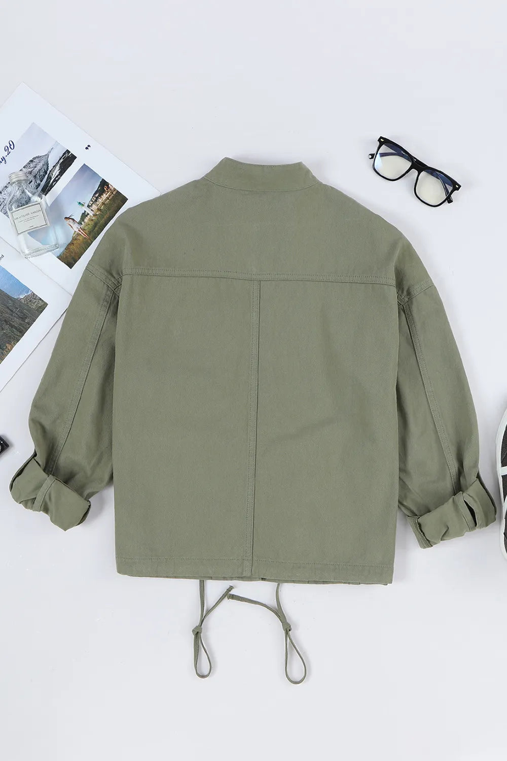 Drawstring Snap Down Dropped Shoulder Denim Jacket | Denim Jackets Daverri Fashions