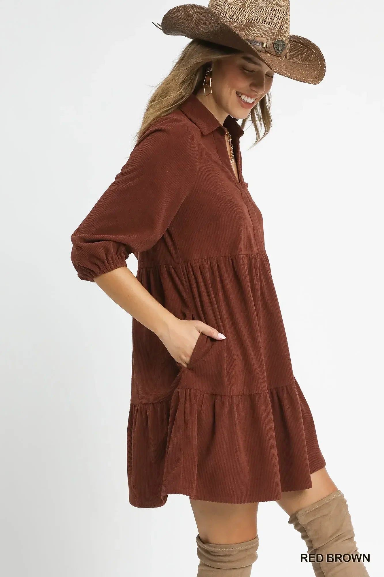 Umgee Tiered Corduroy Mini Dress with Balloon Sleeves - DAVERRI FASHIONS