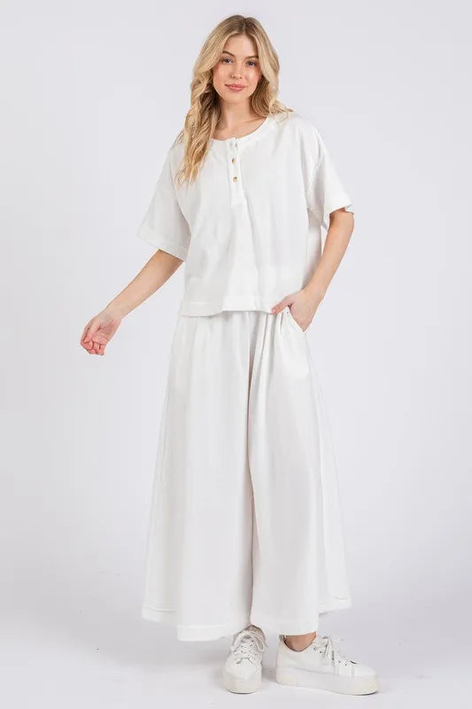 Ces Femme Half Button Half Sleeve Top and Pants Set White Outfit Sets
