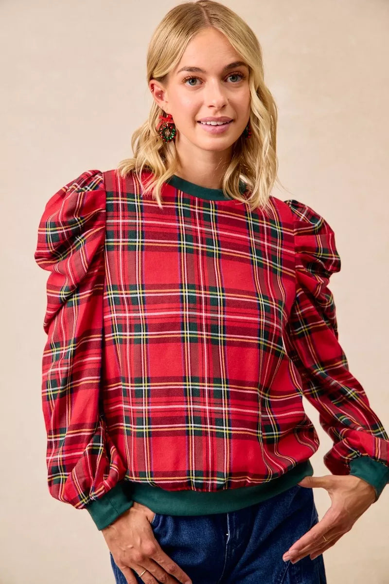BiBi Christmas Plaid Exaggerated Shoulder Sleeves Top | Tops Daverri Fashions