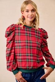 BiBi Christmas Plaid Exaggerated Shoulder Sleeves Top | Tops Daverri Fashions
