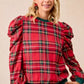 BiBi Christmas Plaid Exaggerated Shoulder Sleeves Top - DAVERRI FASHIONS