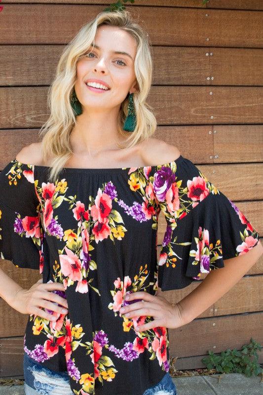 Plus Ruffle Sleeve Off Shoulder Floral Top Shirts & Tops