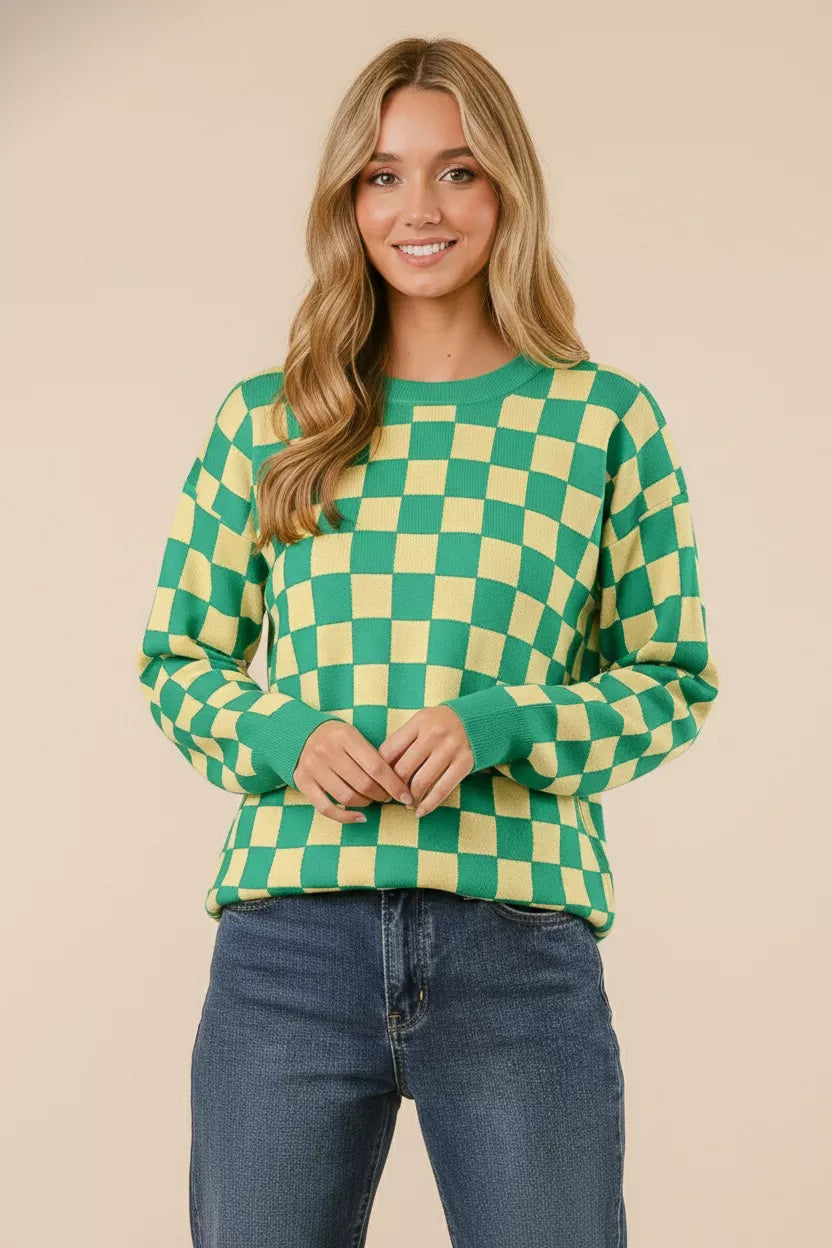 Green and cream checkered long-sleeve BiBi pattern sweater