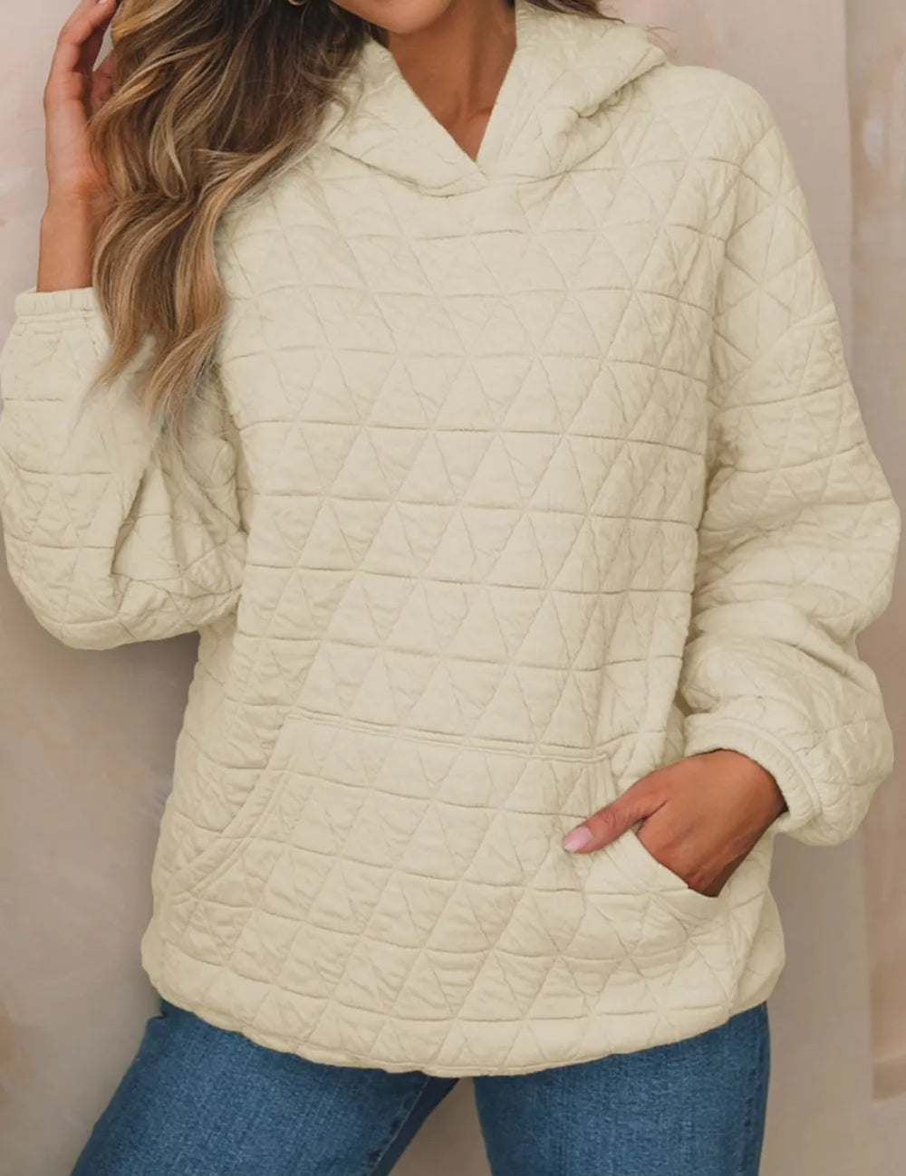 Tan Textured Long Sleeve Hoodie with Pockets | Hoodies Daverri Fashions