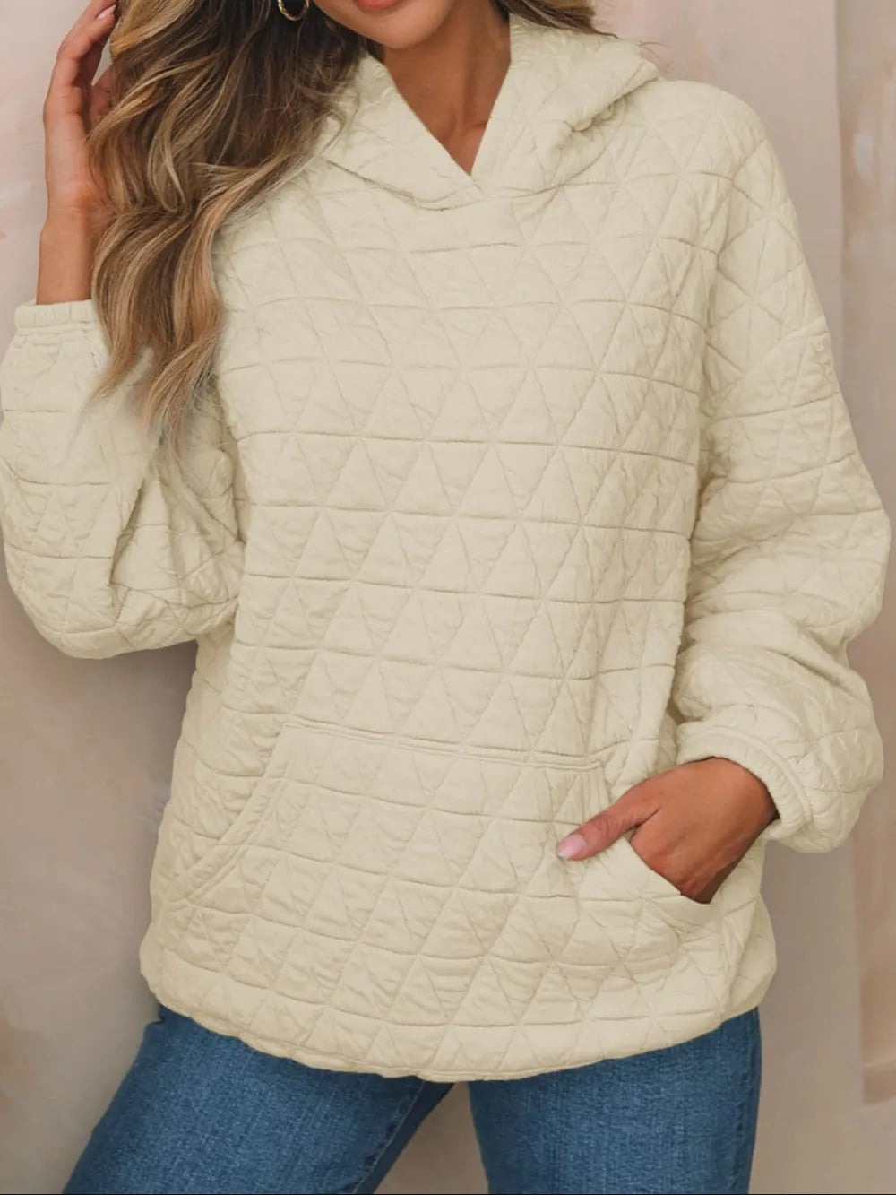 Tan Textured Long Sleeve Hoodie with Pockets | Hoodies Daverri Fashions