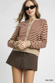 TAN RED Umgee Striped Button-Up Knit Cardigan | Daverri Fashions