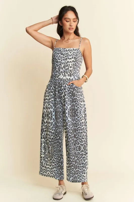 Davi & Dani Leopard Spaghetti Straps Wide Leg Jumpsuit Jumpsuits