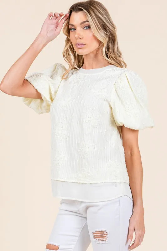 Lime 'N' Chili Floral Textured Puff Sleeve Top