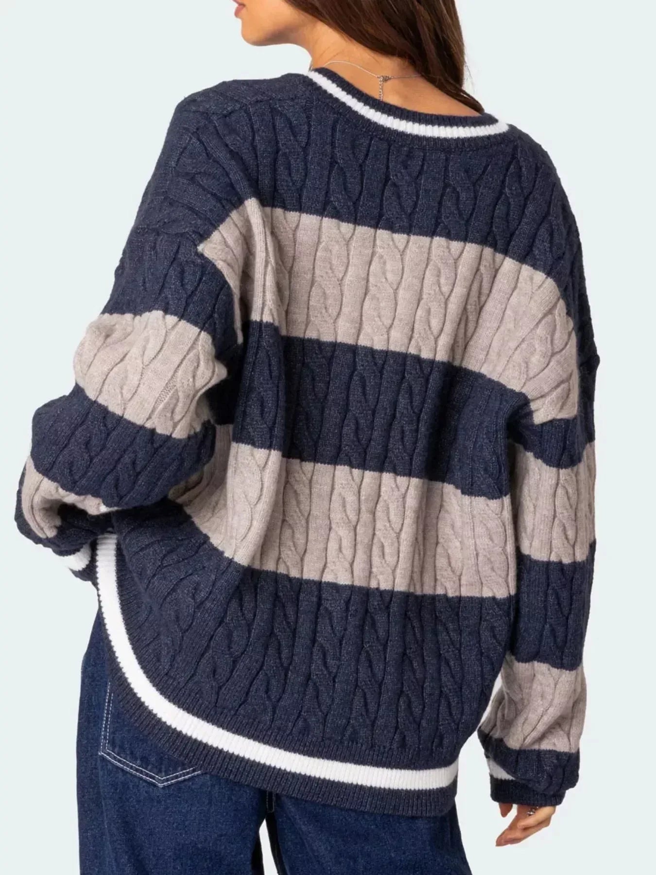 Striped Cable Knit V-Neck Sweater - DAVERRI FASHIONS