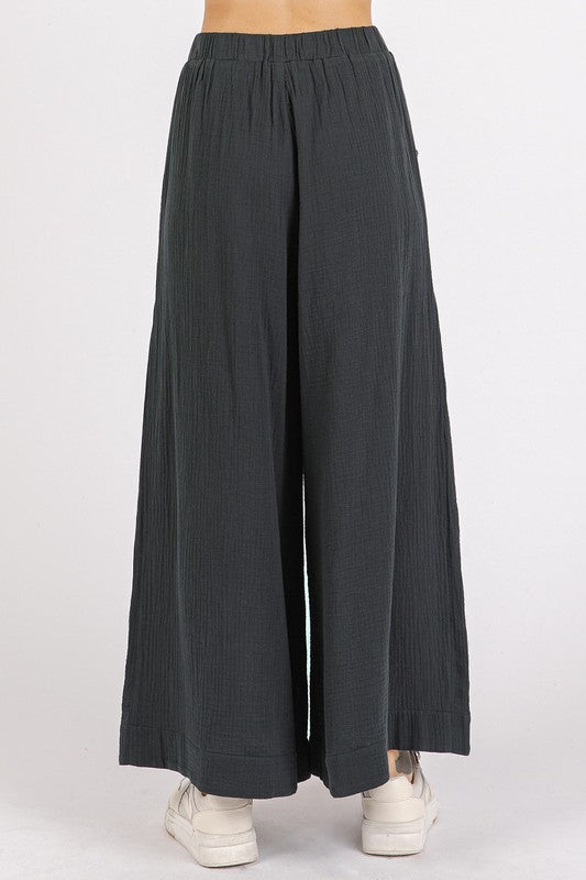 Mittoshop Gauze Elastic Waist Pleated Wide Leg Pants