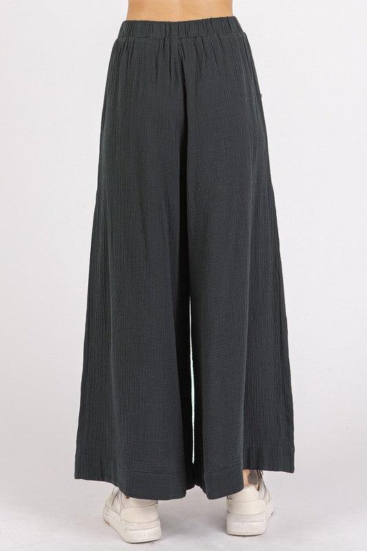Mittoshop Gauze Elastic Waist Pleated Wide Leg Pants Pants