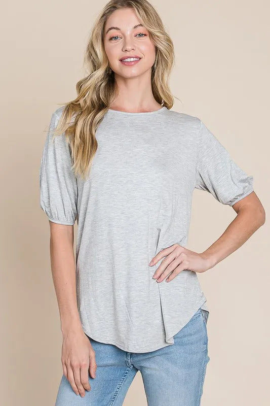 BOMBOM Round Neck Puff Sleeve T-Shirt LIGHT GRAY