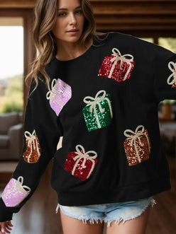 Sequin Gift Box Long Sleeve Sweatshirt - DAVERRI FASHIONS