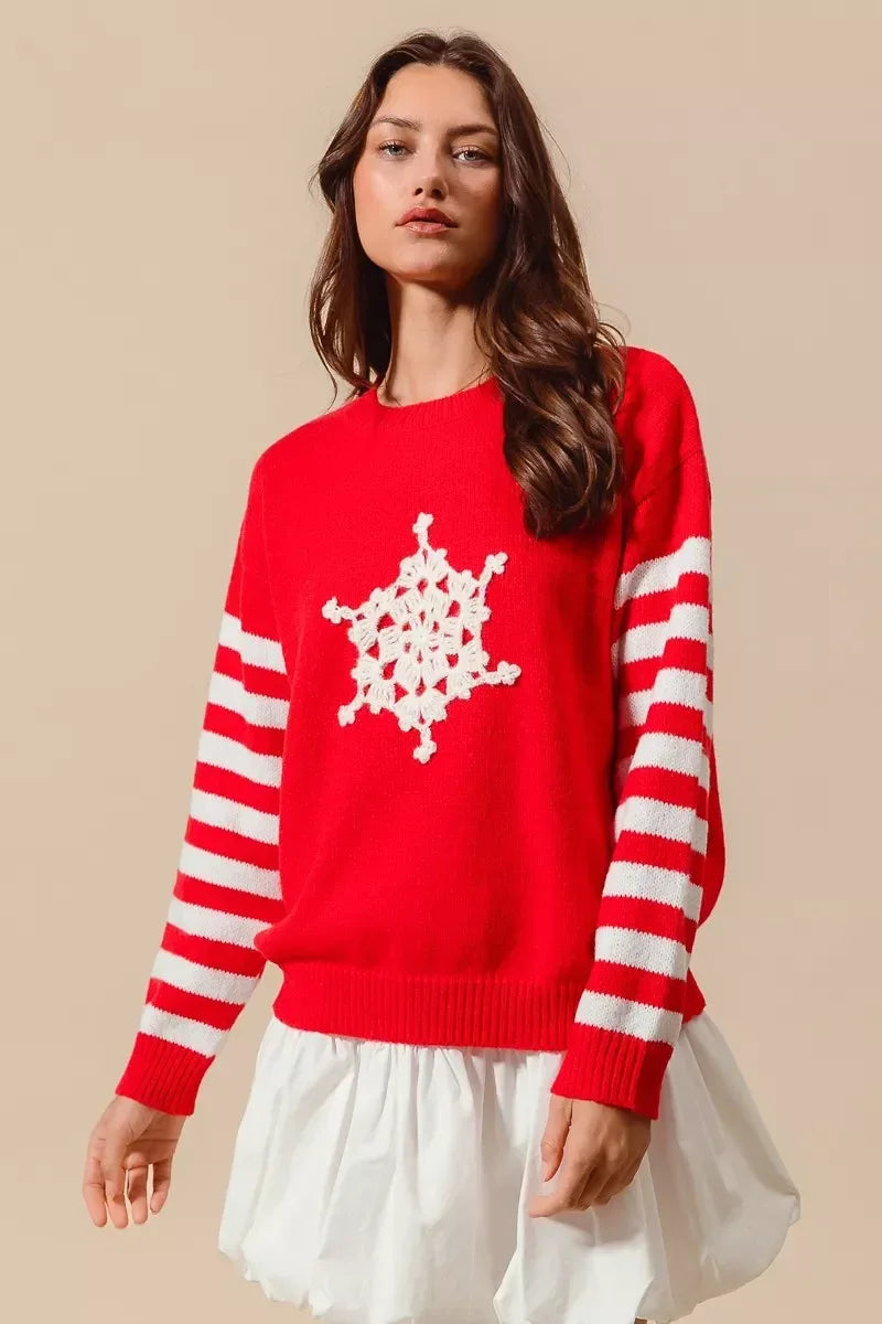 SO ME Christmas Snowflake Crochet Embellished Sweater - DAVERRI FASHIONS