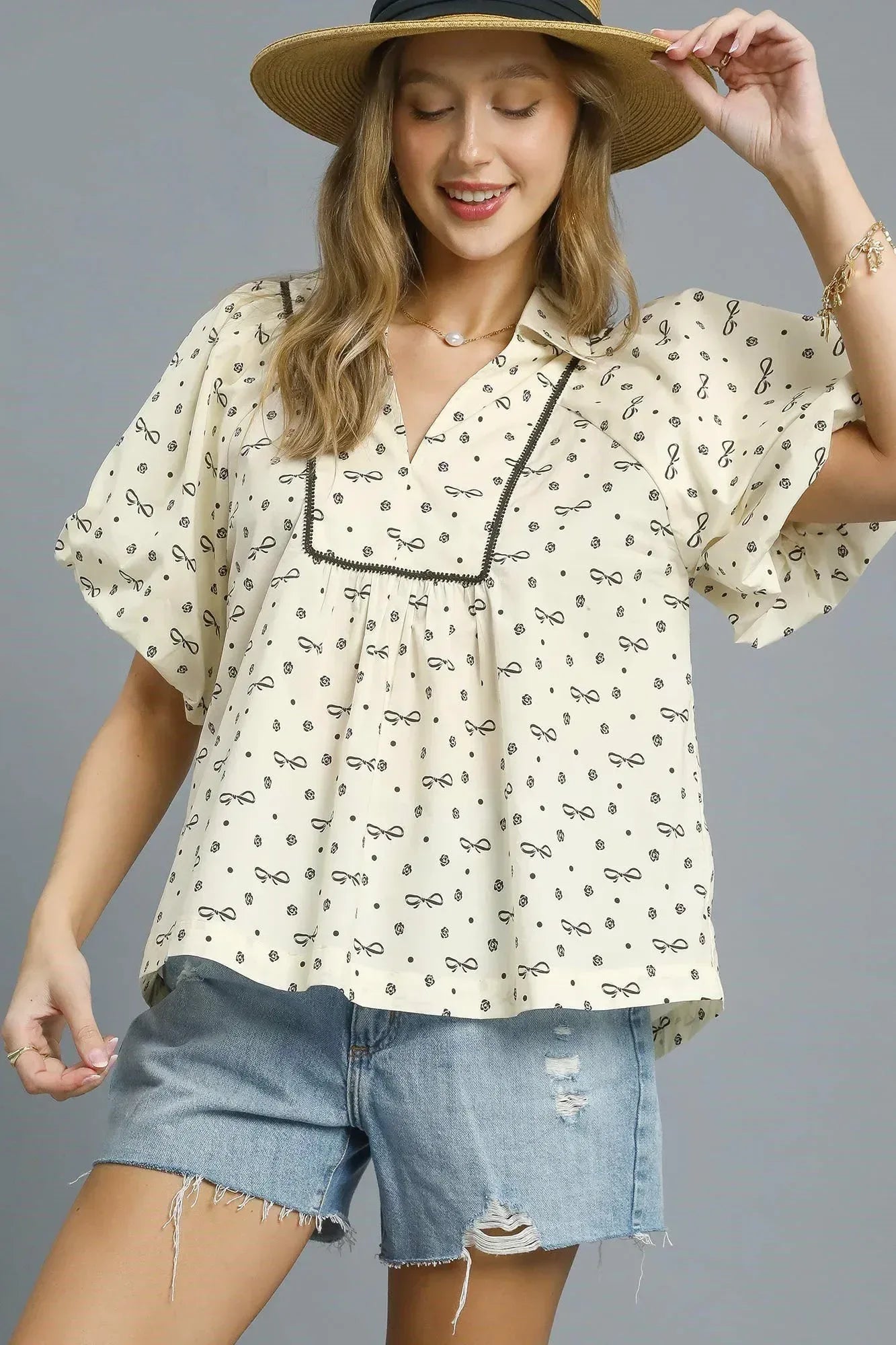 Umgee Bow Print Puff Sleeve Blouse - DAVERRI FASHIONS